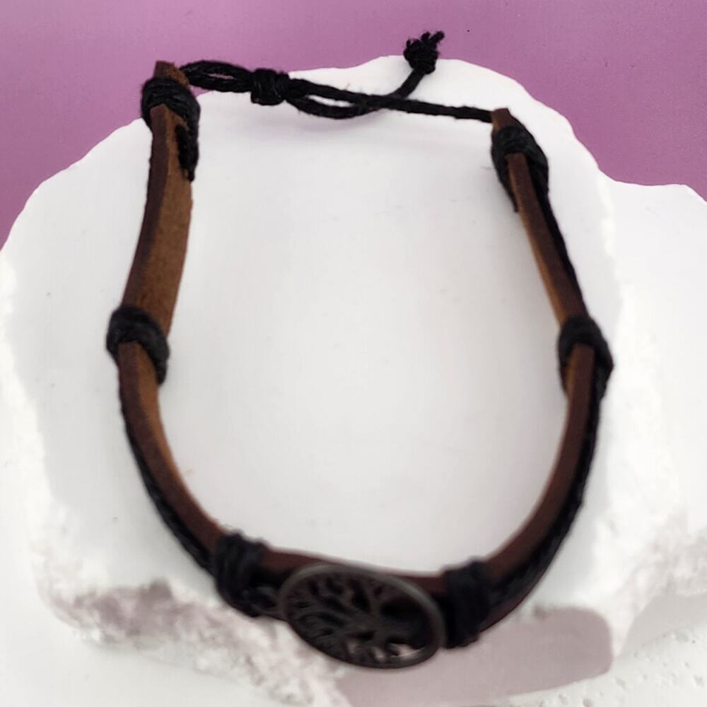 Tree of Life Brown Black Leather Look Cord Bracelet Adjustable Boho Unisex